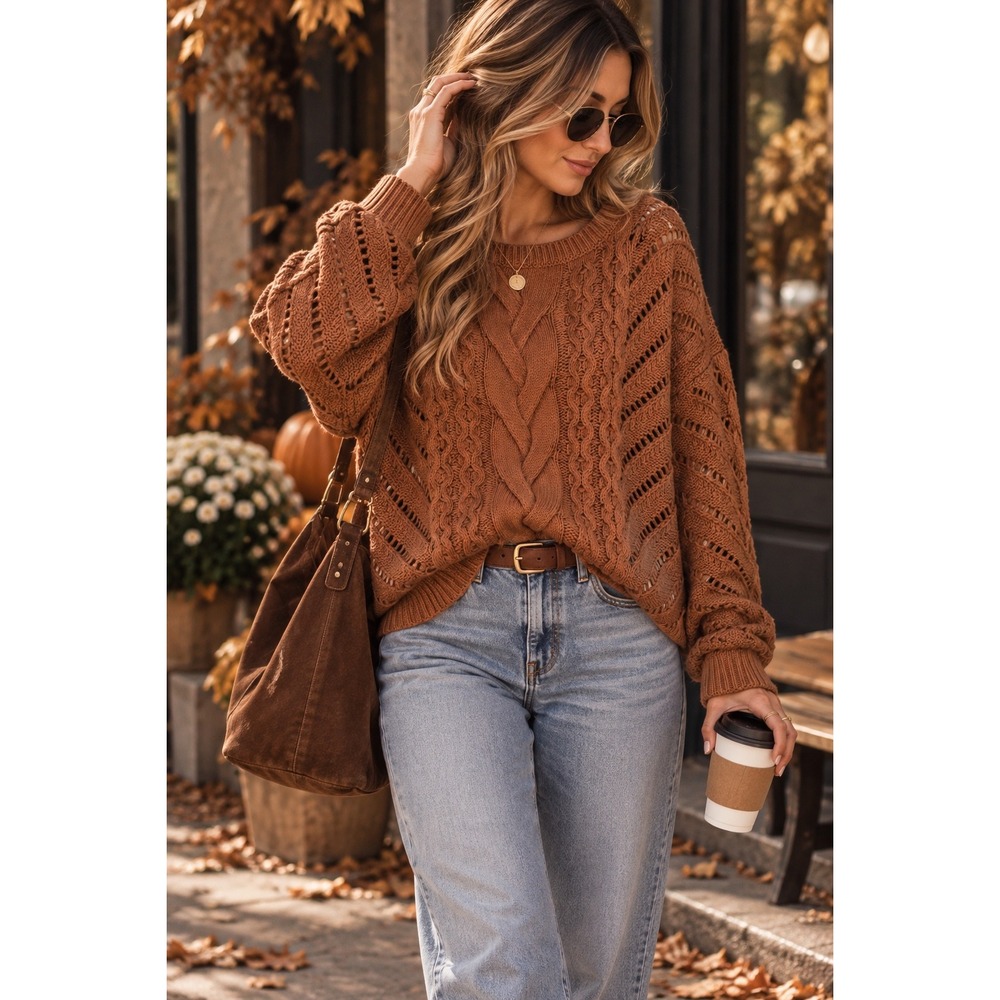 Express Womens Cognac Brown Cable Knit Open Weave Sweater Small